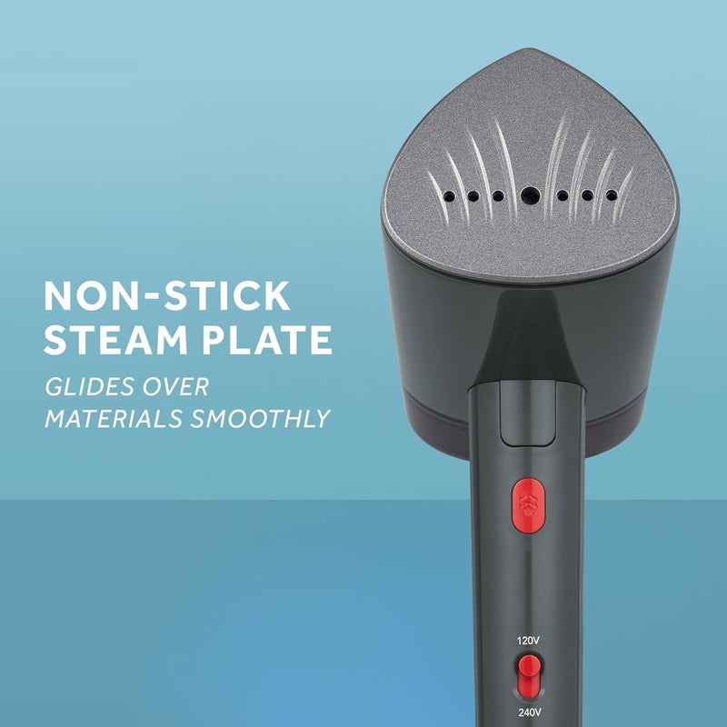 Sunbeam 1520W Handheld Steamer for Clothes, Portable, Foldable, Travel Steamer, Dual Voltage 120/240, Non-Stick, High and Low Steam Setting, 25s Heat Up, 140ml Tank, Bristle Brush, Storage Bag, Black - Image 4